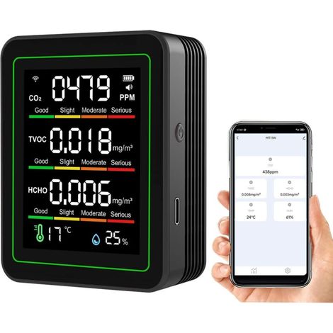Moniteur intelligent de qualité de l'air 5 en 1 : WiFi intérieur qualité de l'air, compteur détecte TVOC, CO2, HCHO, température et humidité, pour la maison et le bureau avec contrôle de l'application