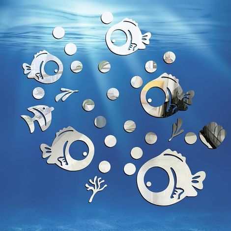 acrylique stickers miroir adhésif 30 feuilles, mignon poisson et bulles miroir autocollants autocollants Miroir Art mural autocollants salon enfants chambre à coucher décoration de bureau (Argent) (1/5)