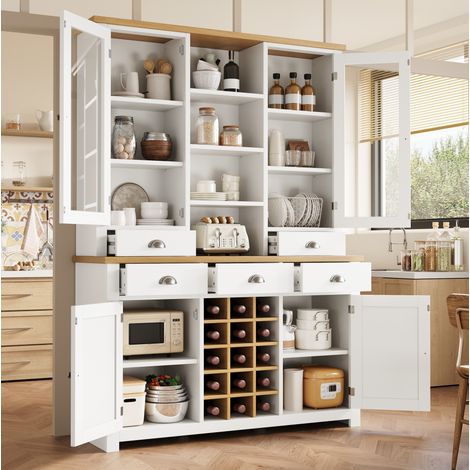 Credenza alta in MDF e vetro bianco 120 x 40 x 185 cm, 5 cassetti, portabottiglie removibile, anta in vetro soft-close (1/5)