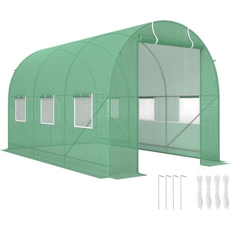Serre tunnel 350 x 200 x 200 cm, serre à tomates avec porte, 6 fenêtres, en acier galvanisé et polyéthylène, tunnel de culture stable, ancrages et cordes inclus, vert (1/5)