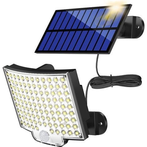 Lámpara solar de exterior, 106 LED con sensor de movimiento, resistente al agua IP65, ángulo de haz de 120°, aplique solar de pared para jardín con cable de 5 m. (1/5)