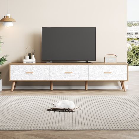 Mueble TV vintage 150 x 35 x 39 cm con 3 espacios de almacenamiento, blanco y madera clara HAVRYA (1/5)
