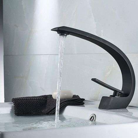 Robinet de Lavabo, Robinet Mitigeur Lavabo Monotrou en Laiton, Moderne Robinet Salle de Bain Noir Mat Finir, Eau Chaude et Froide Disponible (1/5)