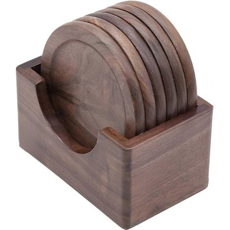 Dessous de verre en noyer, lot de 6 sous-verres en bois avec support, 100 % naturel et biologique, idéal pour décorer une table à la maison ou au bureau. (1/4)
