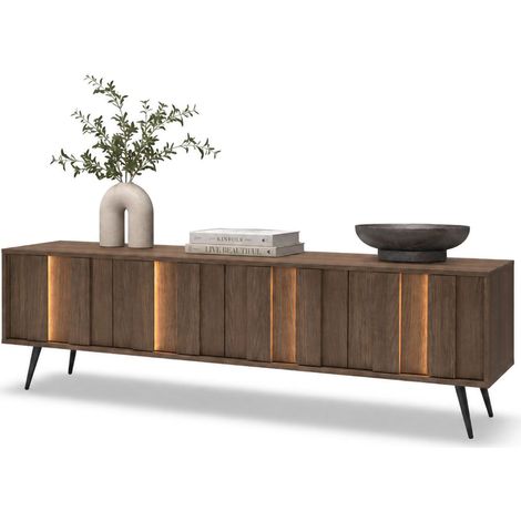 Mobile Porta tv Kafami, un Ripiano, 4 Ante, con led, 183x40x54h cm Marrone Noce