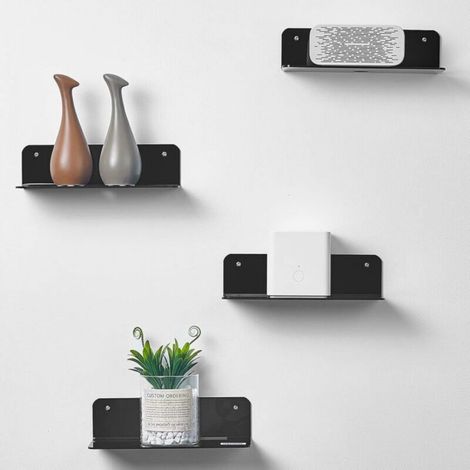 Set of 4 black wall shelves - Easily expandable wall storage - 23cm acrylic shelf without drilling for bedroom, bathroom, kitchen, living room, office with cable clips (1/5)