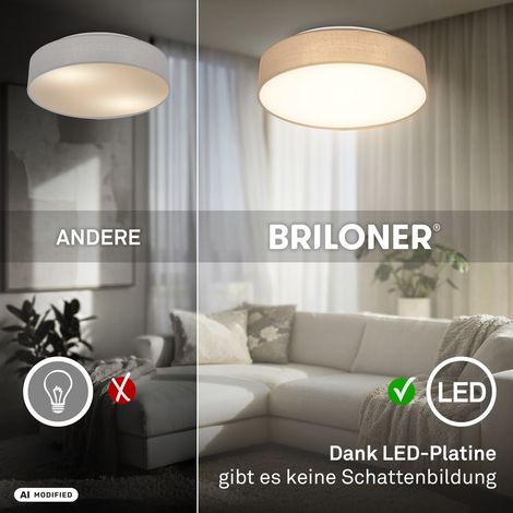 Briloner Plafoniera LED con paralume in tessuto Ø38x10,5 cm rotonda 24W 2600lm 3000K bianco caldo tortora - Lampada da soffitto soggiorno camera da letto cucina corridoio