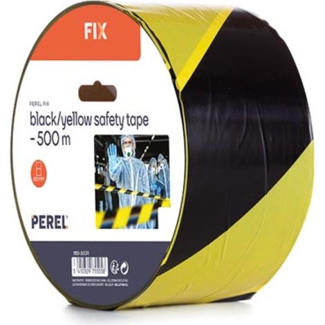 Perel Cinta de barrera en un rollo de 500 m, ideal para cercas y eventos temporales, negro/amarillo (1/3)