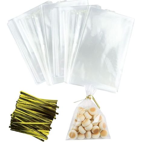 200 Pièces Sachet Plastique Transparent Bbonbon, 15x20cm Sachet Transparent Bonbon, Sachet Biscuit Transparent avec Liens Torsadés, Sachet Plastique Bonbon Convient pour Biscuits Bonbons Chocolats