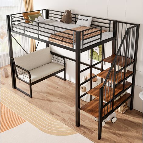 MEUBLIV Lit mezzanine 90x200cm en métal noir – sous lit avec canapé rembourré amovible – escalier de rangement – capacité 120kg (1/5)