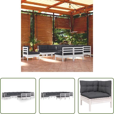 Terrassensofa - 10-tlg. Garten-Lounge-Set mit Kissen Weiß Kiefer Massivholz (1/5)