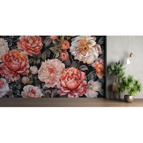 Papier peint fleuri - pivoines saumon baroques - 300 x 250 cm (1/2)