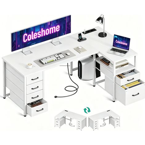 Bureau en L réversible 140x80 cm avec tiroirs en tissu – Bureau à domicile avec rangement pour dossiers, blanc (1/5)