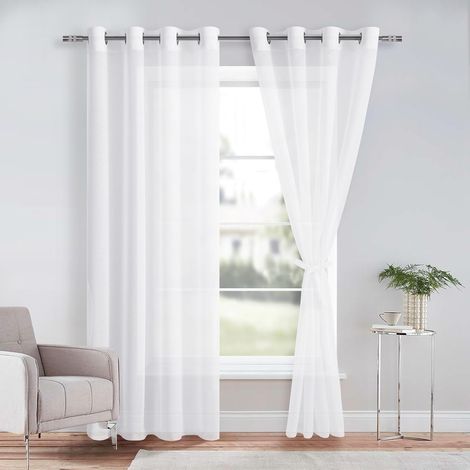 Lot de 2 Rideaux Voilage à Oeillet Semi-Transparent Blanc 140x225cm pour Fenêtre Salon Chambre (1/5)