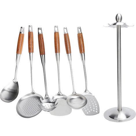 Ensemble de spatules de cuisine en acier inoxydable 304 avec manche en bois, spatule, pelle à frire, ustensiles de cuisine (1/5)