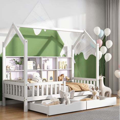Cama casita infantil nórdica 90x200 cm de madera maciza blanca con barrera, estante trasero y 2 cajones (1/5)