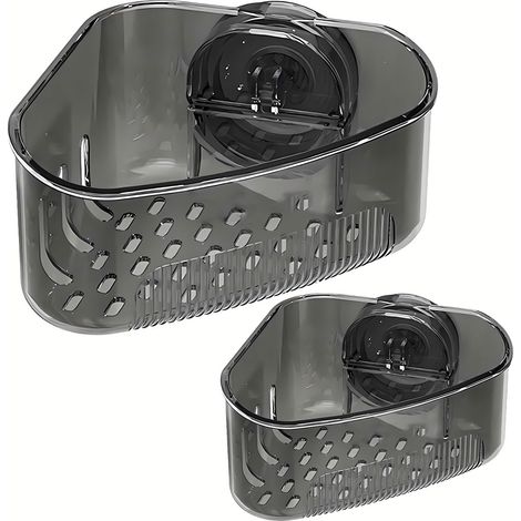 Étagère de rangement en 2 parties pour évier, adaptée aux éponges, brosses à vaisselle et poubelles d'angle, avec fixation par ventouse (noir) (1/4)