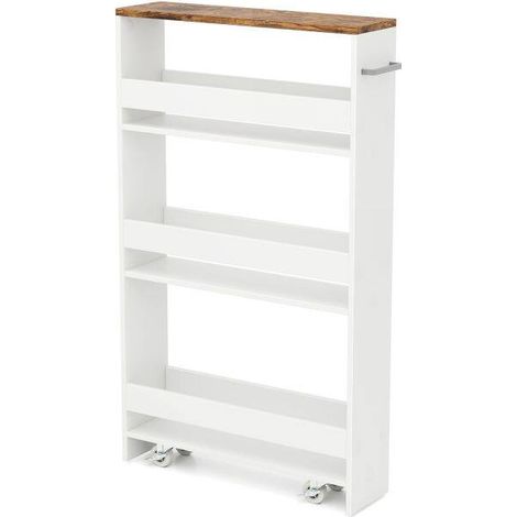 Chariot de rangement 4 niveaux marron avec étagères ouvertes et roulettes, fin et compact pour cuisine, salle de bain, buanderie (1/5)