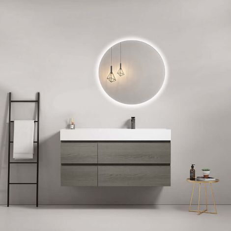 Mobile bagno sospeso 120 cm Grey Lavabo a Destra in Resina Specchio Tondo Retroilluminato - Fiji Wood
