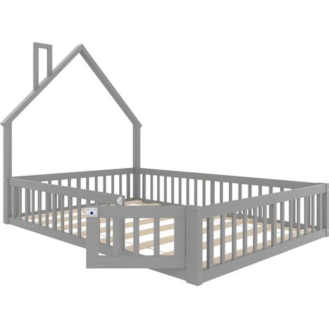 Letto bambino 140 x 190 cm a forma camino con sponde di sicurezza, pino e MDF, grigio (1/4)