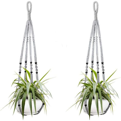 Deux paniers suspendus pour plantes d'intérieur, en corde de coton grise, de 85 cm de long, ornés de perles en bois. Crochets non inclus. (1/5)