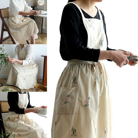 Tablier de cuisine à broderie florale imperméable et résistant, couleur crème, idéal pour la maison et les cafés. (1/5)