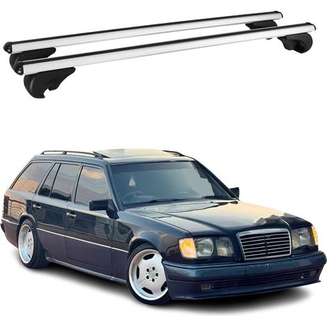 OMAC Barres de toit en aluminium pour Mercedes Classe E S124 Break 1985-1996 – TÜV / DIN 75302:2019 – Antivol inclus – Charge max 75 kg – 2 barres Argent (1/4)