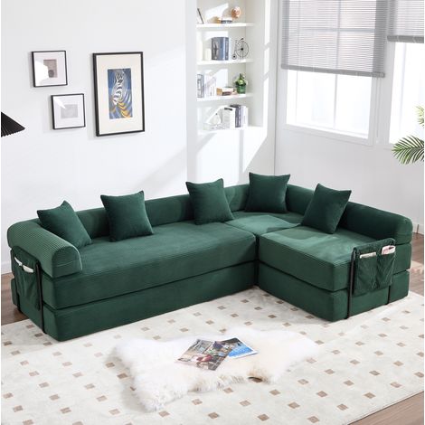 Sofá modular (270x180x64 cm), convertible en cama, con bolsillo lateral, tejido de pana, verde esmeralda (1/5)