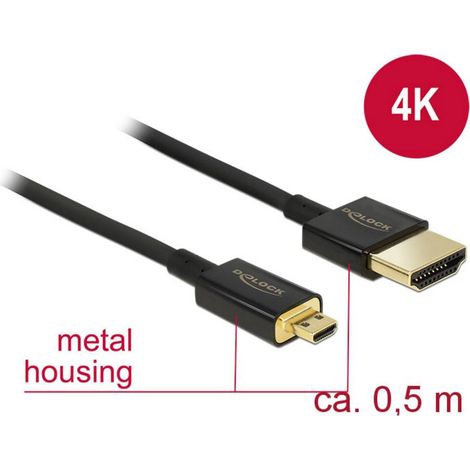 Delock HDMI Cavo Spina HDMI-A, Spina HDMI Micro-D 0.50 m Nero 84788 UHD 4K,, contatti connettore dorati Cavo HDMI (1/3)