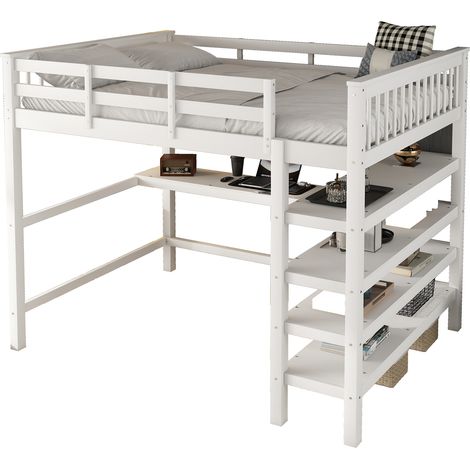 Cama Alta Infantil 140×200 cm, 2 Plazas con Escritorio y Estantes, sin Colchón, Madera, Blanco (1/5)