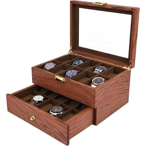 Grande boîte de rangement pour montres à 2 niveaux avec coussin amovible - Organisateur de bijoux - Doublure en velours noir - Pour homme et femme (1/5)