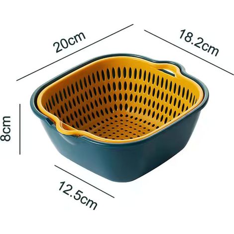 Lot de 6 paniers de rangement à double couche, épais et multifonctions, pour fruits et légumes, égouttoir de cuisine jaune et bleu, tailles variées. (1/5)