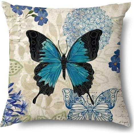 Federa per cuscino 45x45, motivo floreale a farfalla, per divano, poltrona, letto, soggiorno, set di 4 federe in lino vintage con fiori bohémien e turchese - blu navy (1/4)