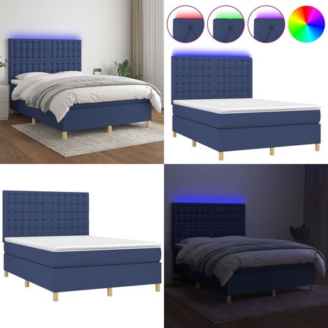 Sommier à lattes de lit et matelas et LED Bleu 140x190 cm Tissu - Sommier Tapissier - Lit Plateforme - Lit Avec Led - Matelas À Ressorts Ensachés - Têtière Ajustable - Home & Living (1/5)