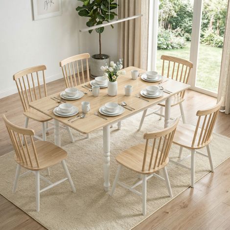Table à manger pliante pour 2 à 6 personnes 74-134 cm, table de cuisine avec 2 abattants, pieds en acier, bois naturel (1/5)