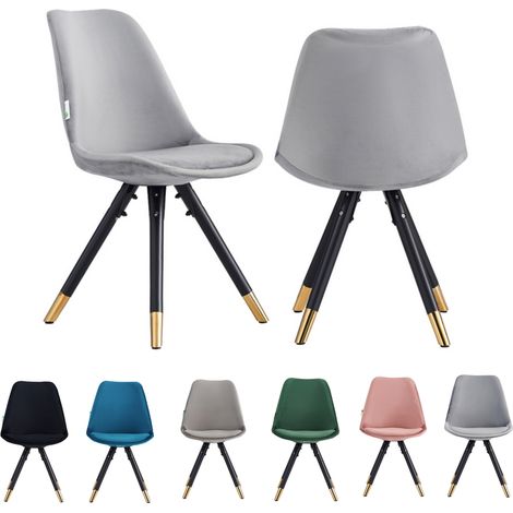 Set of 2 Light Grey Sofia Ergonomic Modern Dining Chairs Upholstered in Velvet, Metal Legs with Gold End Tips (1/5)