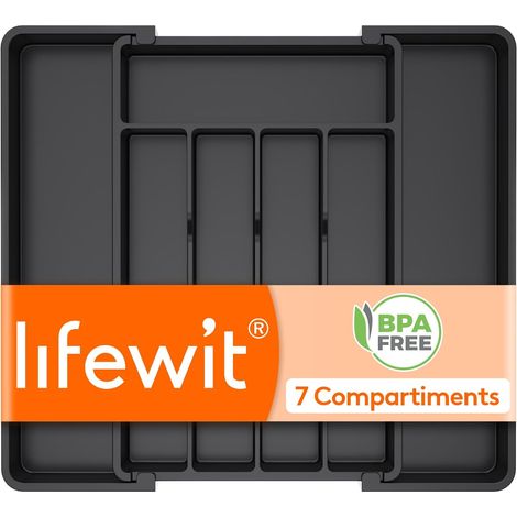 Range Couverts pour Tiroir, Plateau d'Ustensiles Extensible, Organisateur de Cuisine Réglable, Rangement Compact pour Contenir des Cuillères, Fourchettes, 24-41 x 34 cm, Lot de 1,Noir (1/5)