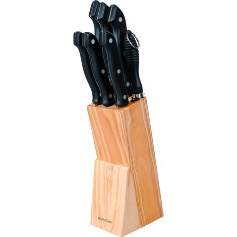 TRADE SHOP - Set Ceppo Coltelli In Acciaio Inox Da Cucina 8 Pezzi Con Stand Portacoltelli In Legno -