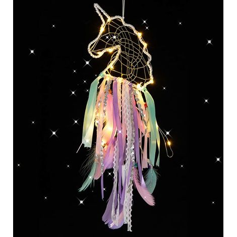 Licorne Attrapeur de Rêves avec Lumière LED, Capteur de Rêves en Plumes Décoration Fait à la main Attrape-rêves pour filles et enfants Chambre à Coucher Décoration Murale-Violet Dream catcher (1/5)