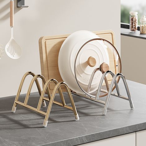Support, organisateur de planche à découper en acier inoxydable, support de couvercle multifonctionnel antidérapant pour casseroles et plaques de cuisson (argenté, 3 compartiments)