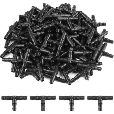 Kit de 100 raccords en T pour système d'irrigation goutte à goutte, avec embouts cannelés 1/4 pouce et tuyaux en PVC pour arrosage automatique. (1/5)
