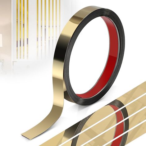 Moulure Autocollante en Acier Inoxydable, 2cmx5m, Garniture Murale Autoadhésif, Moulure Flexible avec Effet Miroir pour Décoration de Meuble, Bordure de Miroir, Mur, Porte, Plafond, Doré (1/5)