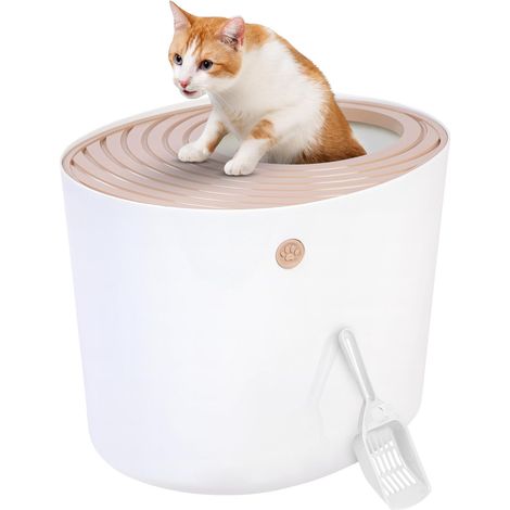 Für Katzentoilette mit Schaufel, max. 7 kg, beige, Öffnung oben, Katzentoilette mit abnehmbarem Deckel, geeignet für Kätzchen, großes Fassungsvermögen, BPA-frei, leicht zu reinigen