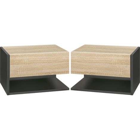 Lot de 2 tables de chevet murales flottantes 46 x 30 x 30 cm tiroir coulissant design en panneaux de particules noir 210001460 (1/4)