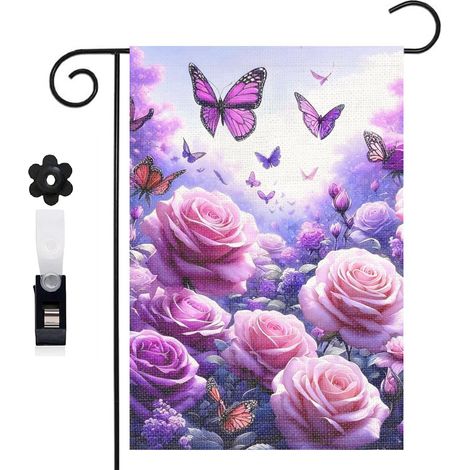 Drapeau vertical style fantastique et papillons colorés 30 x 45 cm décoration jardin d'été (1/5)