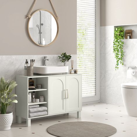 Meuble vasque salle de bain avec meuble de rangement à deux niveaux, tablettes réglables 90x30x63 cm blanc crème