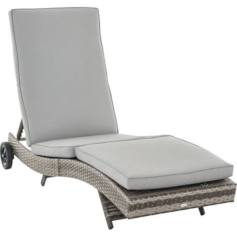 Tumbona de ratán reclinable tumbona de jardín en forma de S con 2 ruedas respaldo ajustable en 5 posiciones y cojín extraíble 207x70x70 cm gris (1/5)