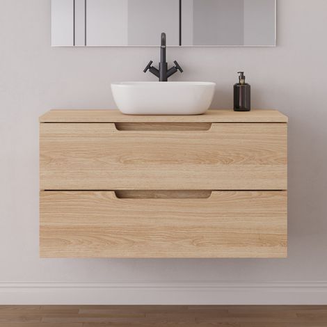 Meuble de salle de bain 100cm avec plateau et vasque à poser arrondie - 2 tiroirs - sans miroir - roble era (chêne clair) - SONRIZA (1/5)