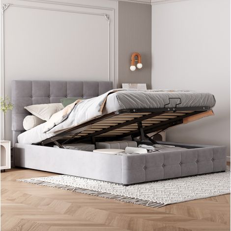 Bett 140x200 cm grau, gepolstertes Doppelbett mit Kopfteil und hydraulischem Bettkasten (1/5)