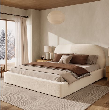 Lit adulte 180x200 cm, lit double avec tête de lit rembourrée, en tissu beige, sans matelas (1/5)